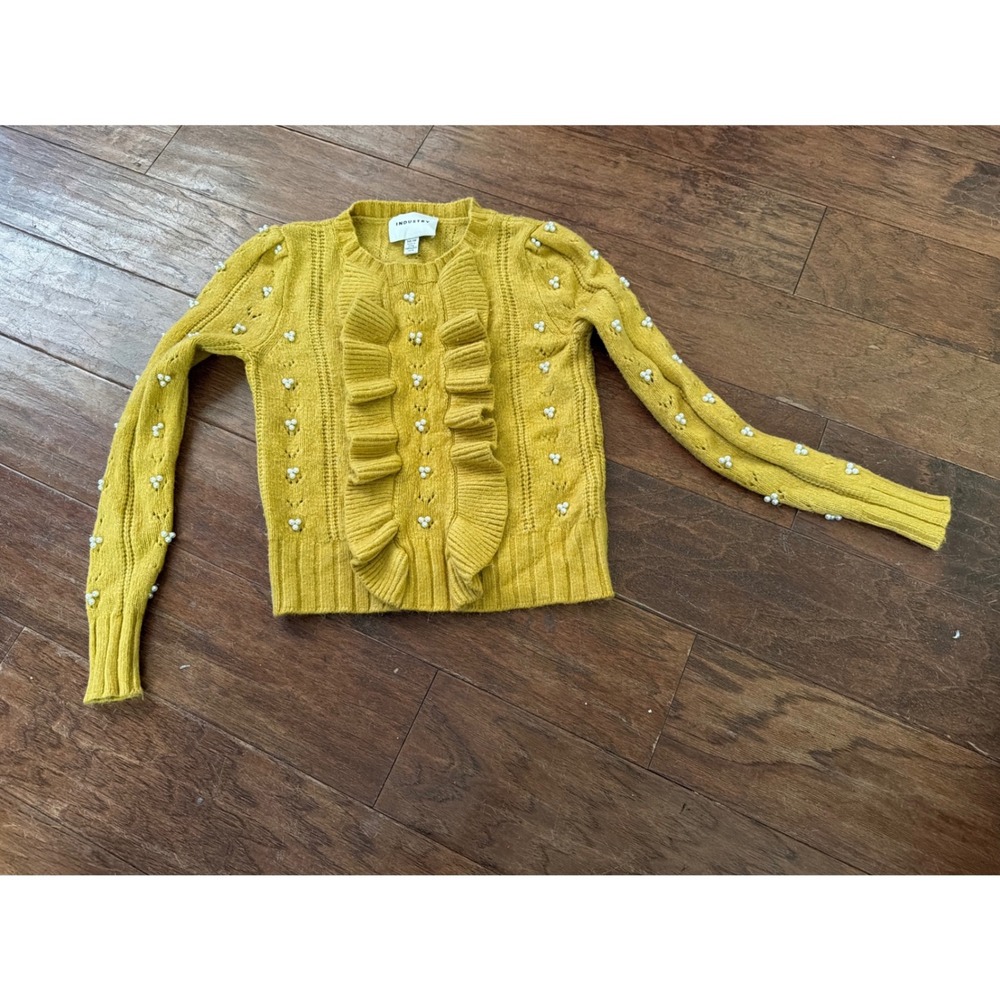 Industry Mustard Yellow Ruffle Front‎ Pearl Embellished Cable Knit Sweater XS